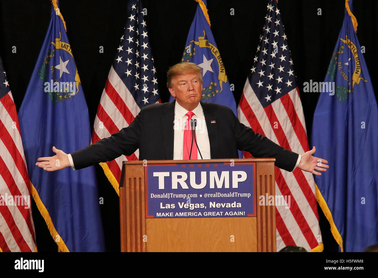 Donald J. Trump speaking at a rally at the South Point Resort and Casino on January 21st, 2016 in Las Vegas Nevada. Stock Photo