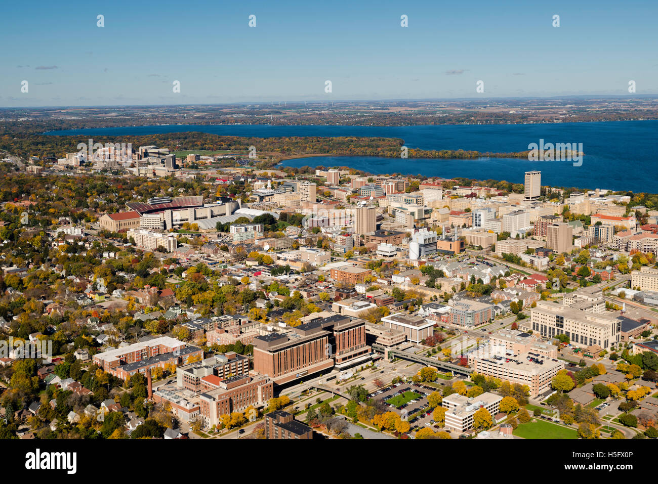 An aerial view of Madison, Wisconsin, Unity Point-Meriter Hospital (below), the University of Wisconsin-Madison's Camp Randall S Stock Photo