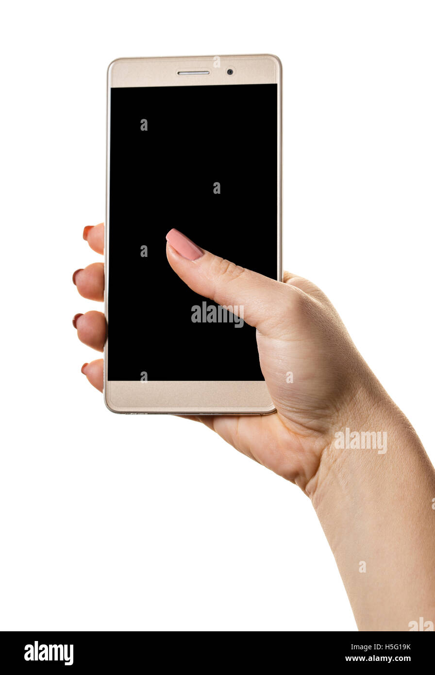 smartphone in a female hand isolated on white background Stock Photo ...