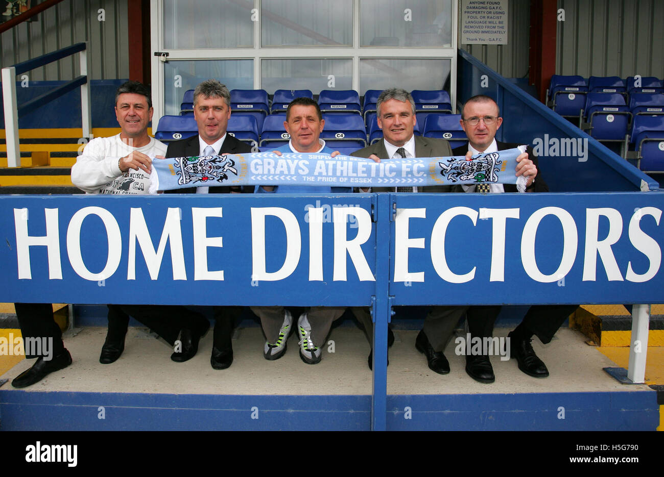 From L to R - Will Wordsworth (Commercial Director), Gerry Murphy (Assistant Manager), Mick Woodward (Chairman), Frank Gray (Manager) and Steve Snelling (Physio) - Grays Athletic Football Club - 25/05/06 Stock Photo