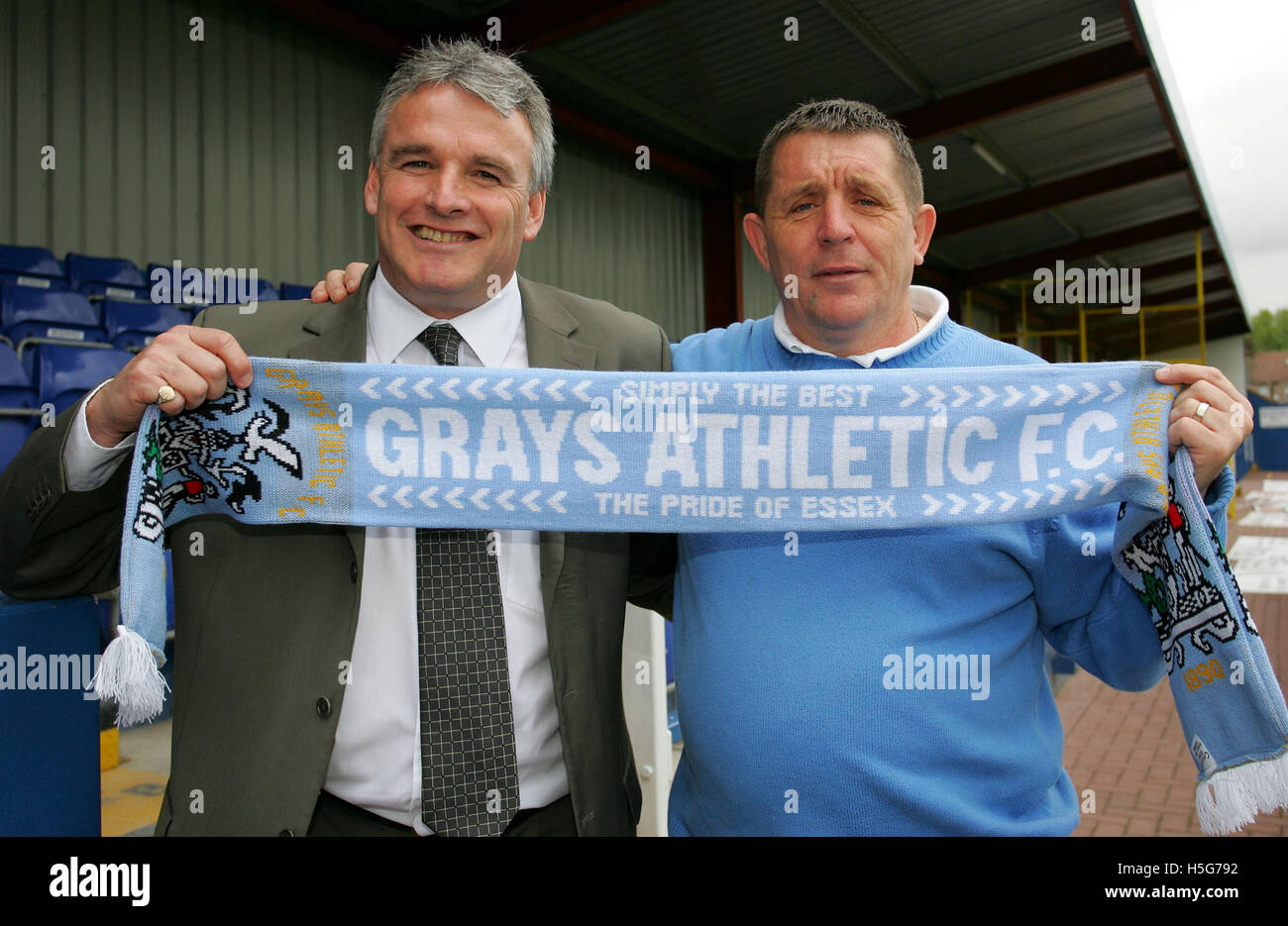 Frank Gray (New Manager) and Mick Woodward (Chairman) at Grays Athletic Football Club - 25/05/06 Stock Photo