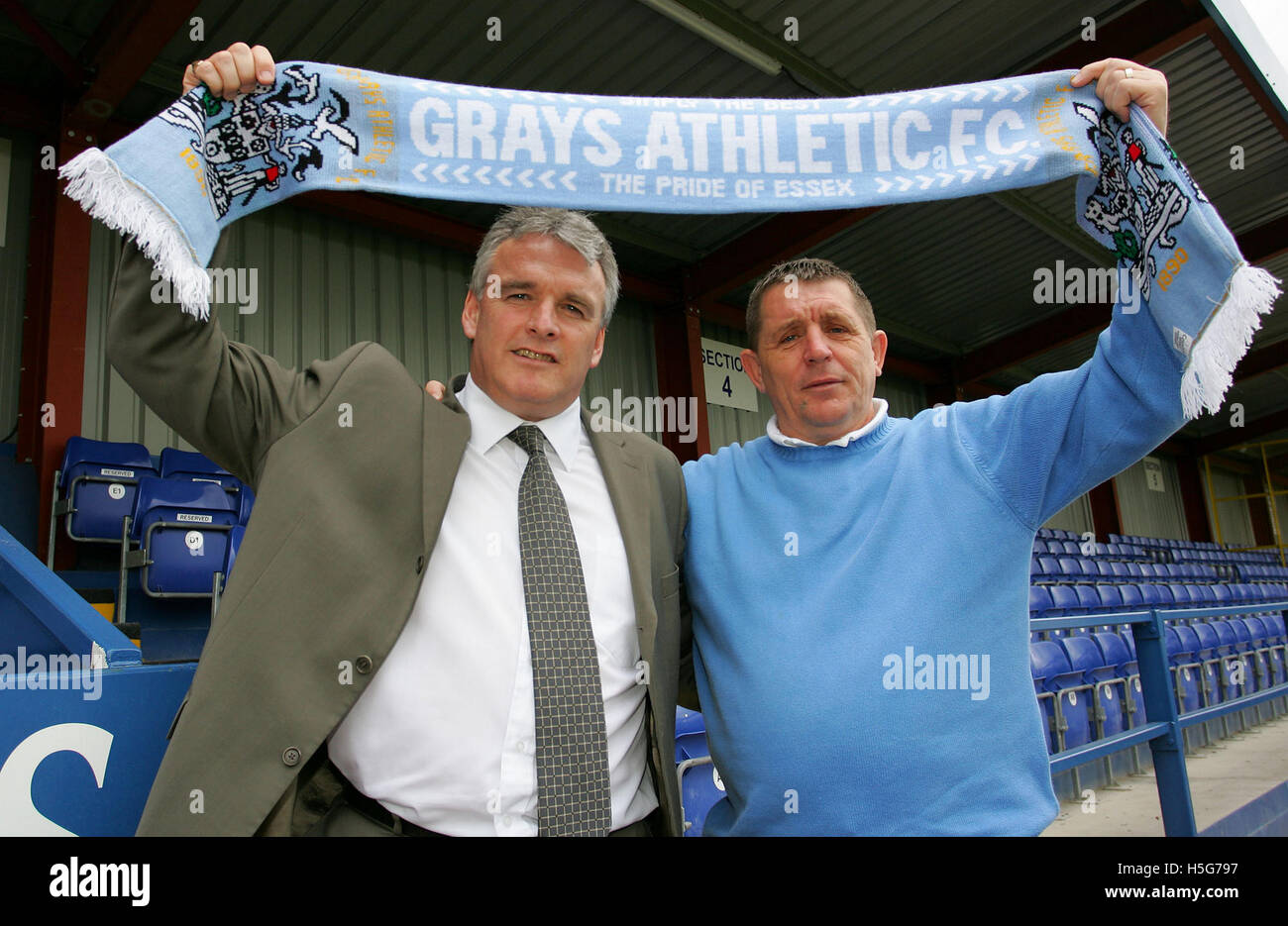 Frank Gray (New Manager) and Mick Woodward (Chairman) at Grays Athletic Football Club - 25/05/06 Stock Photo