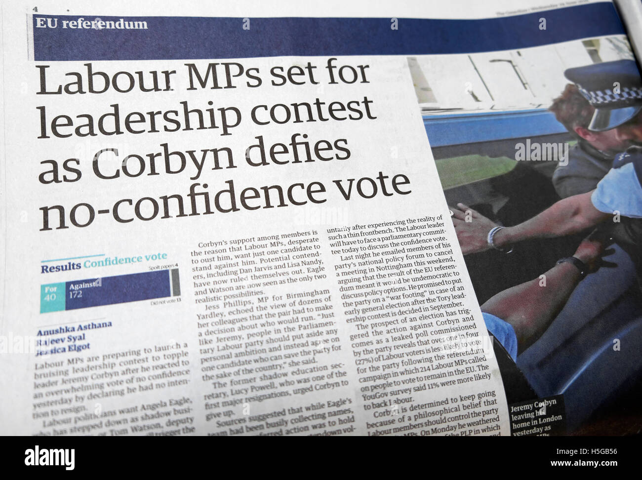 'Labour MPs set for leadership contest as Corbyn defies no-confidence vote'  Guardian newspaper article 28 June 2016 Stock Photo