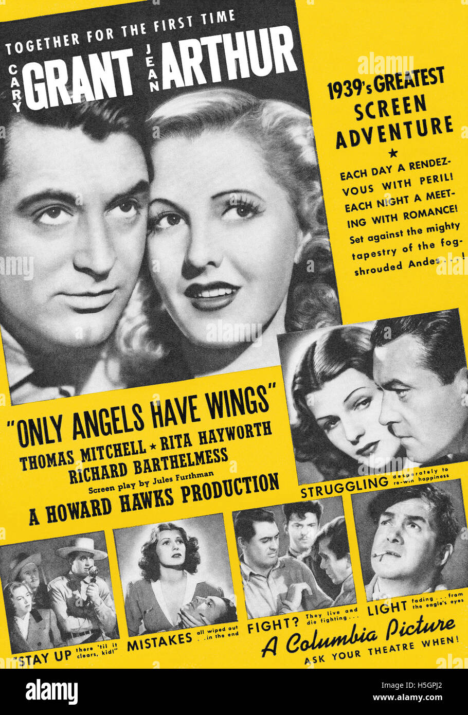 1939 US advertisement for the film Only Angels Have Wings starring Cary Grant and Jean Arthur Stock Photo