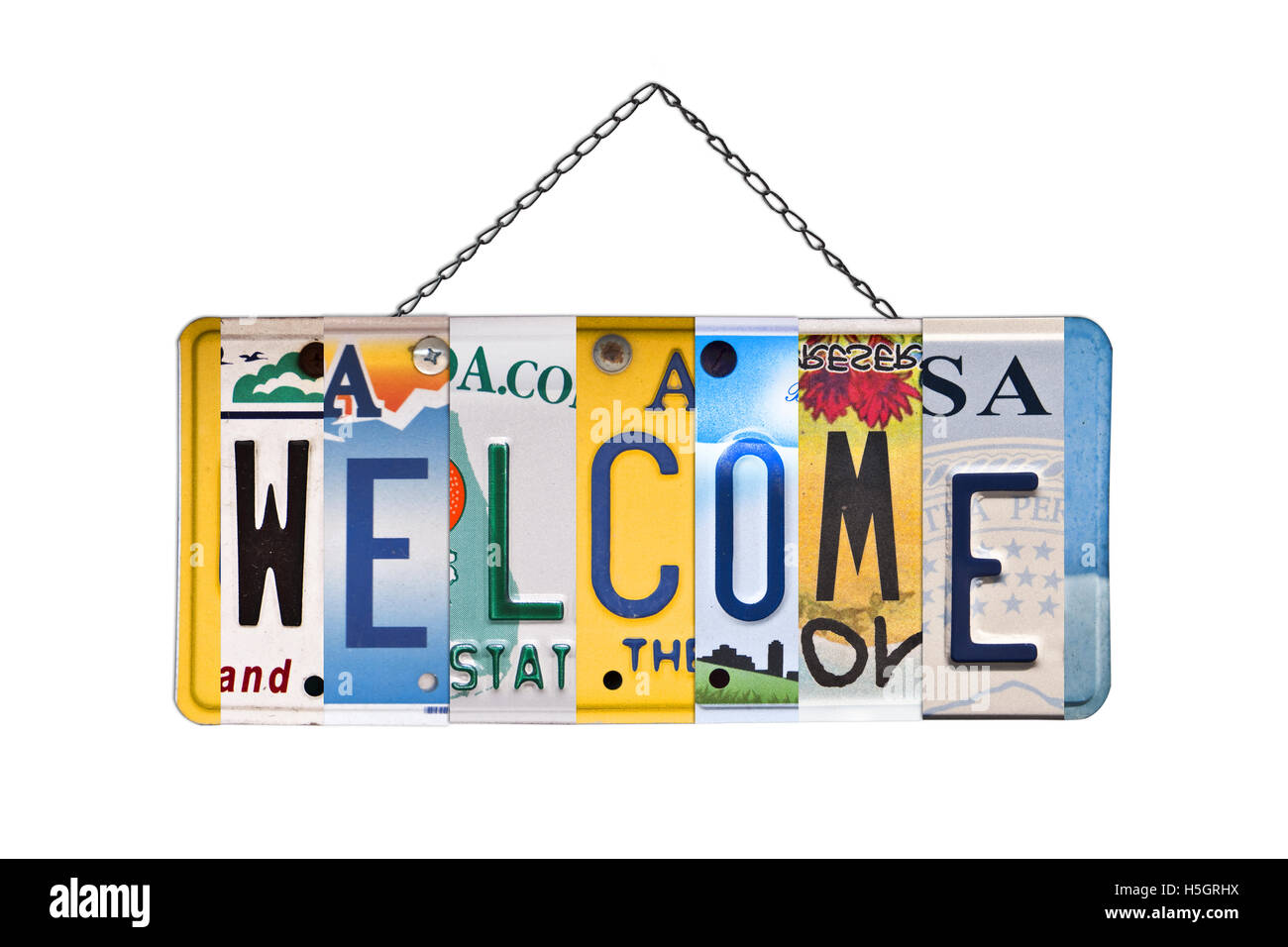 Welcome sign written with recycled US license plates Stock Photo