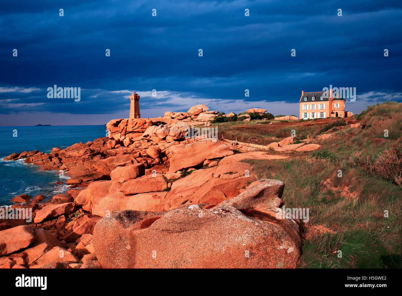 Ploumanac'h lighthouse in Brittany, France Stock Photo