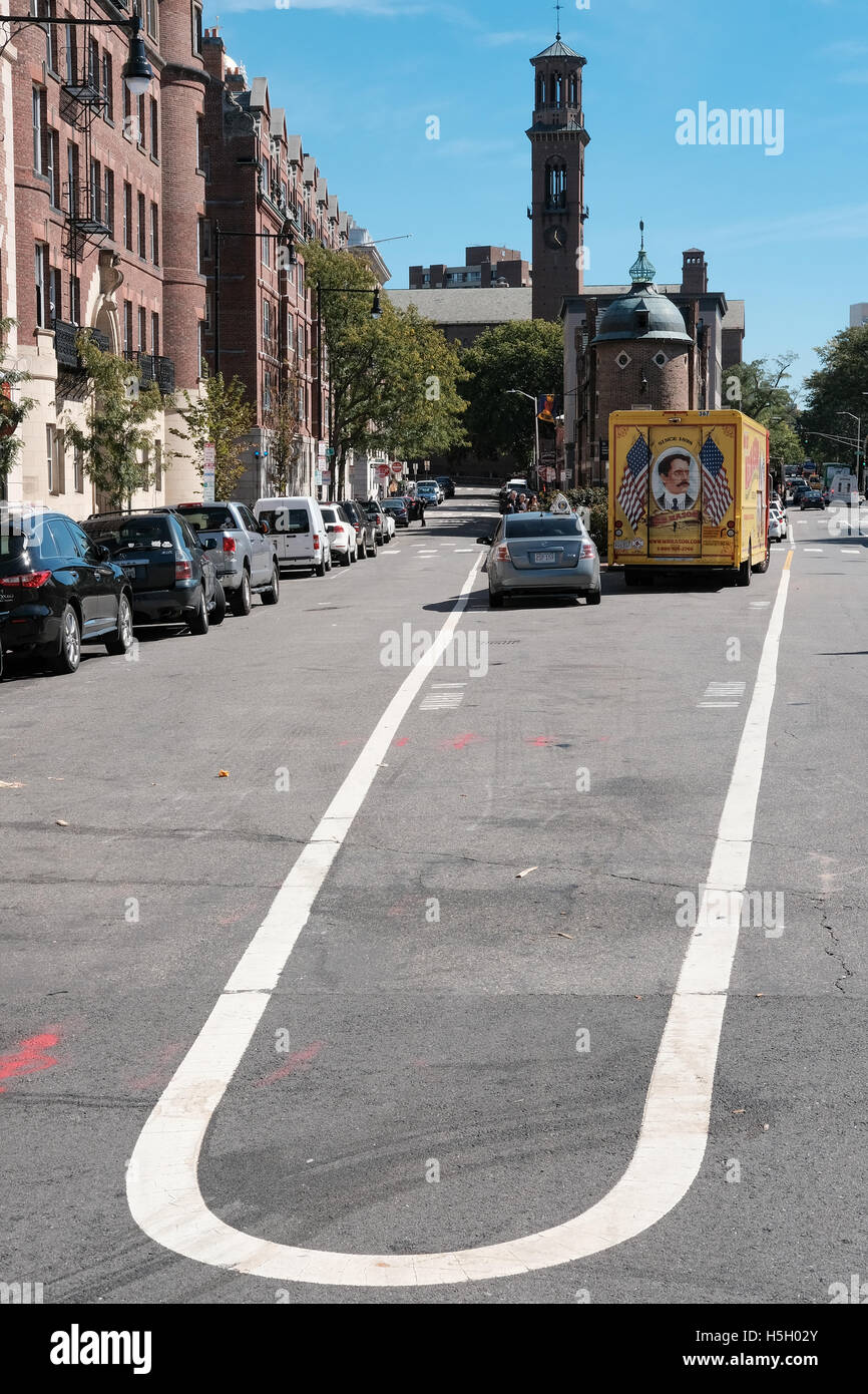 Unusual parking area in the university town of Harvard, MA, showing the