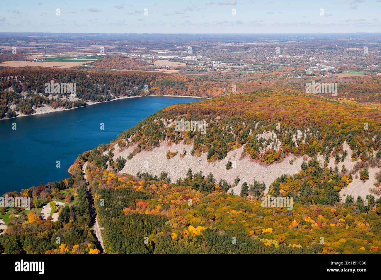 Aerial view of of the South Bluff and Devil's Lake at Devil's Lake