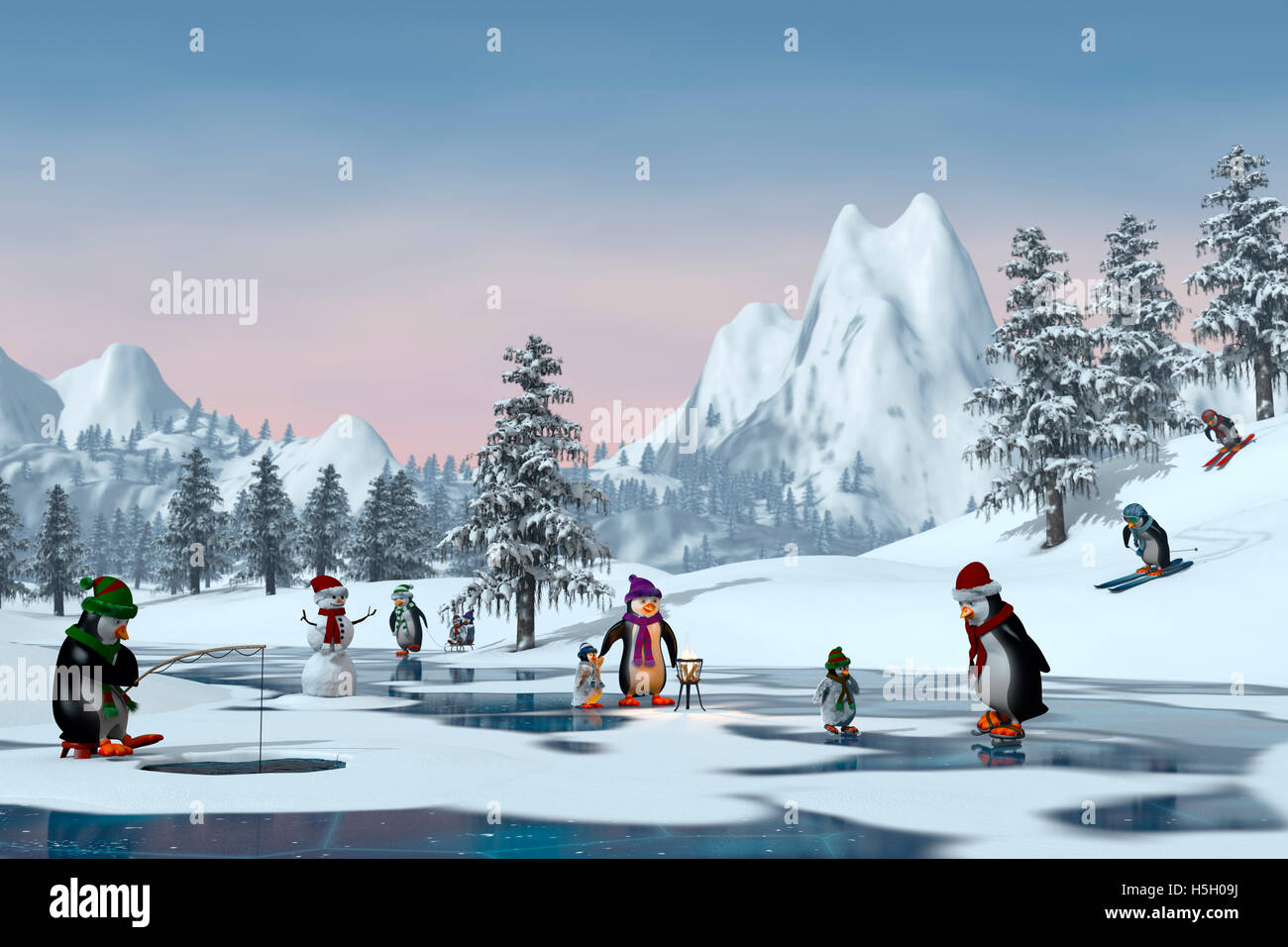 Penguins on a frozen lake in a snowy mountain landscape. A 3d render. Stock Photo