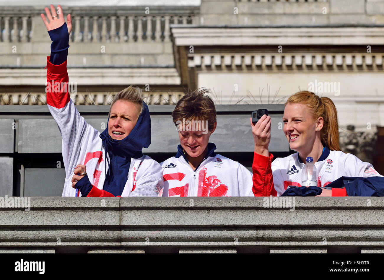Georgie Twigg, Hannah Macleod and Nicola White of the bronze-medal-winning GB Women's Hockey team from the Rio Olympics .... Stock Photo