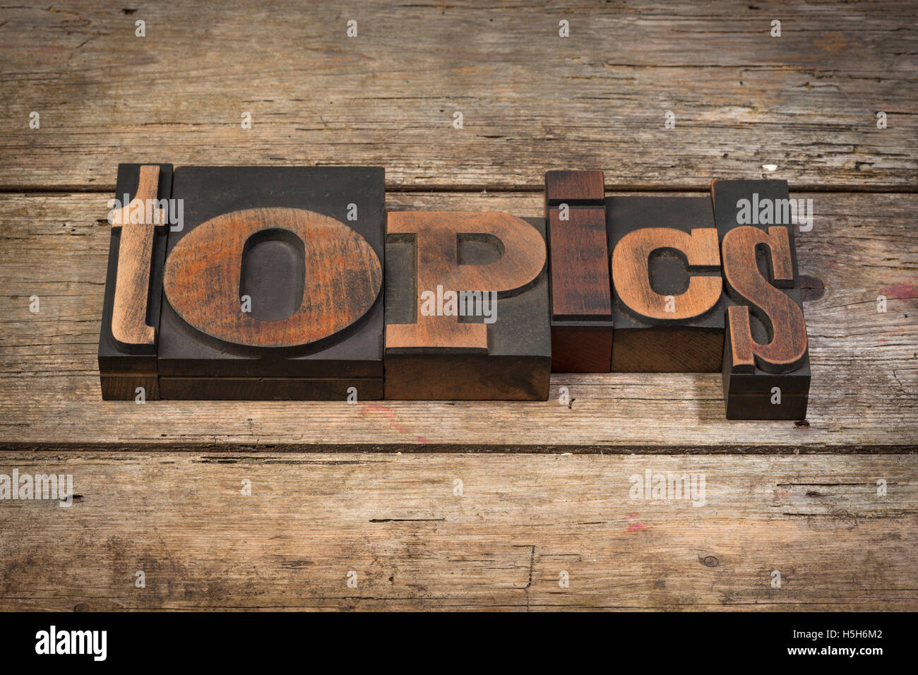 topics, word written with vintage letterpress printing blocks on rustic wooden background Stock Photo