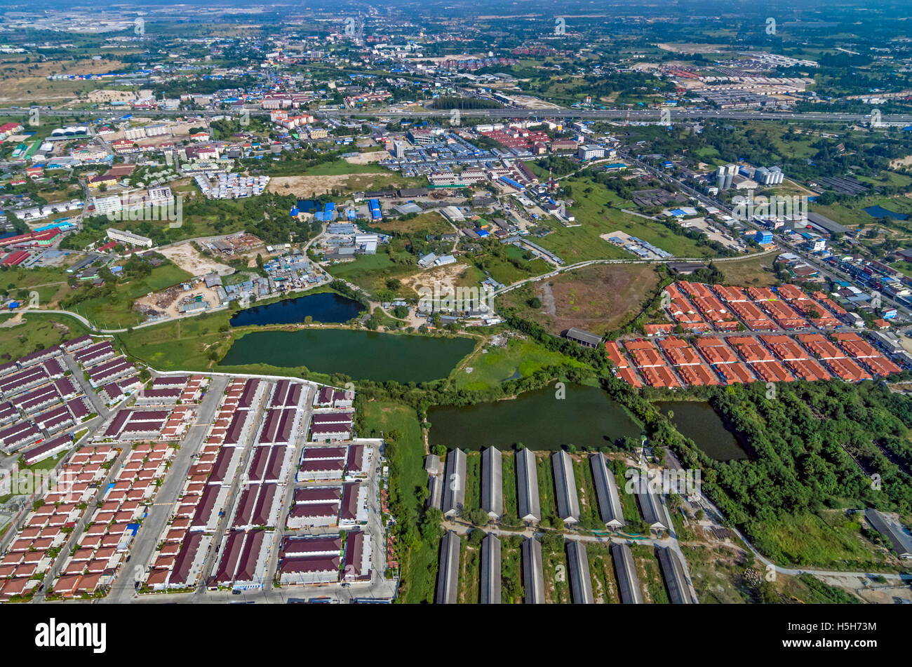 Industrial estate factories manufactures and residential housing projects aerial photography Stock Photo