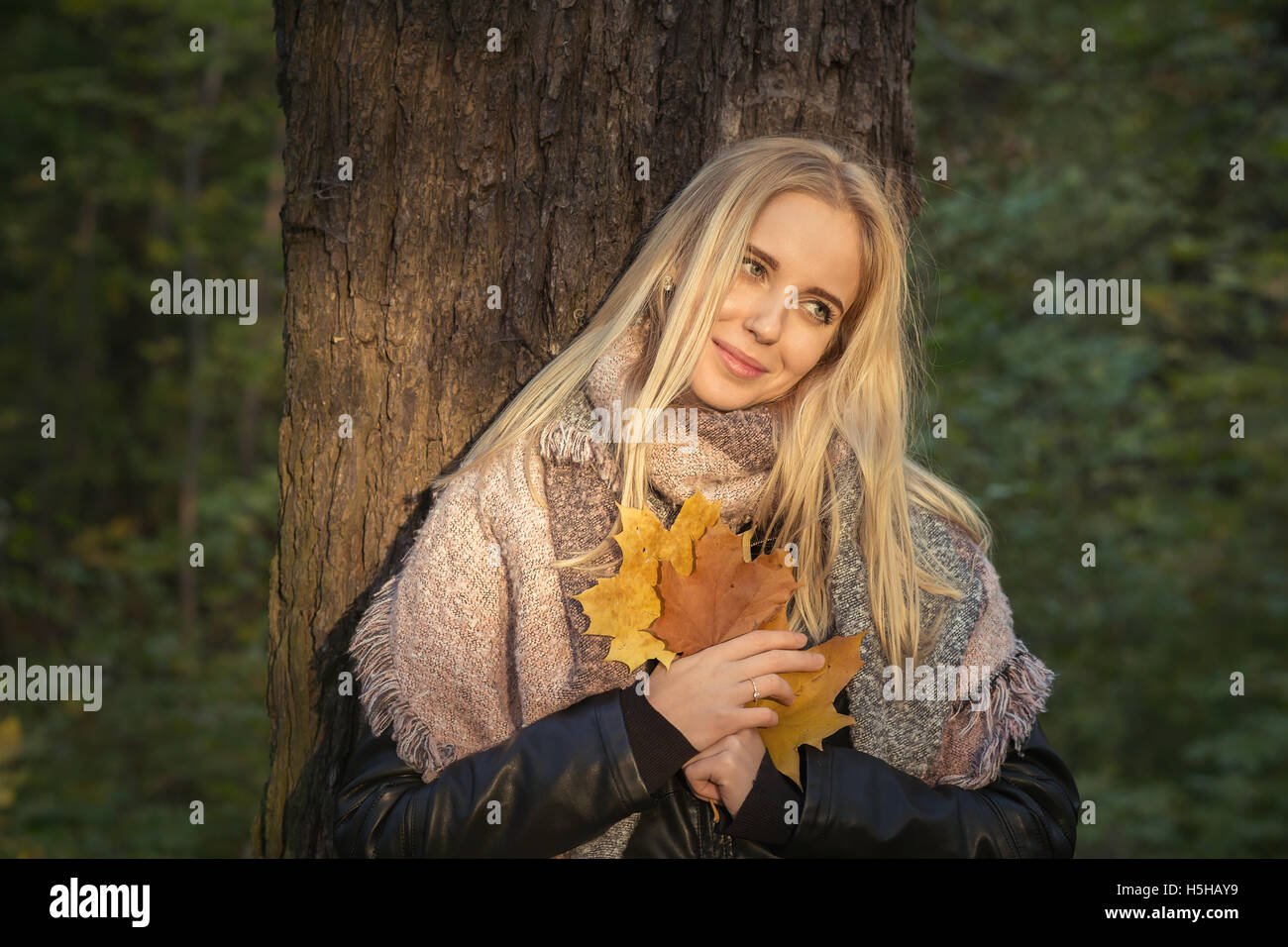 happy blond girl with maple leaves near tree, toned image Stock Photo ...