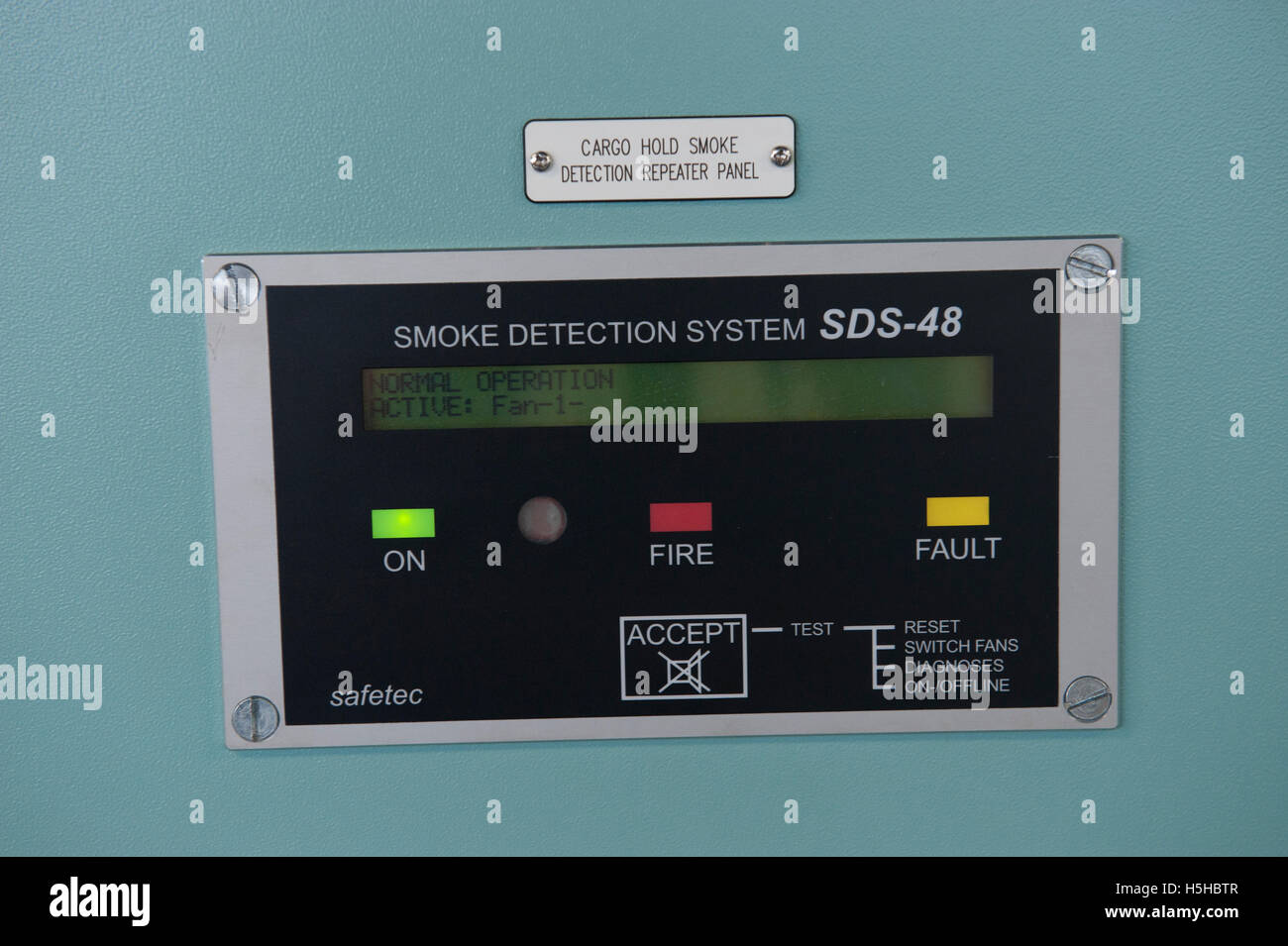 Smoke detection system repeater panel on ship's bridge Stock Photo