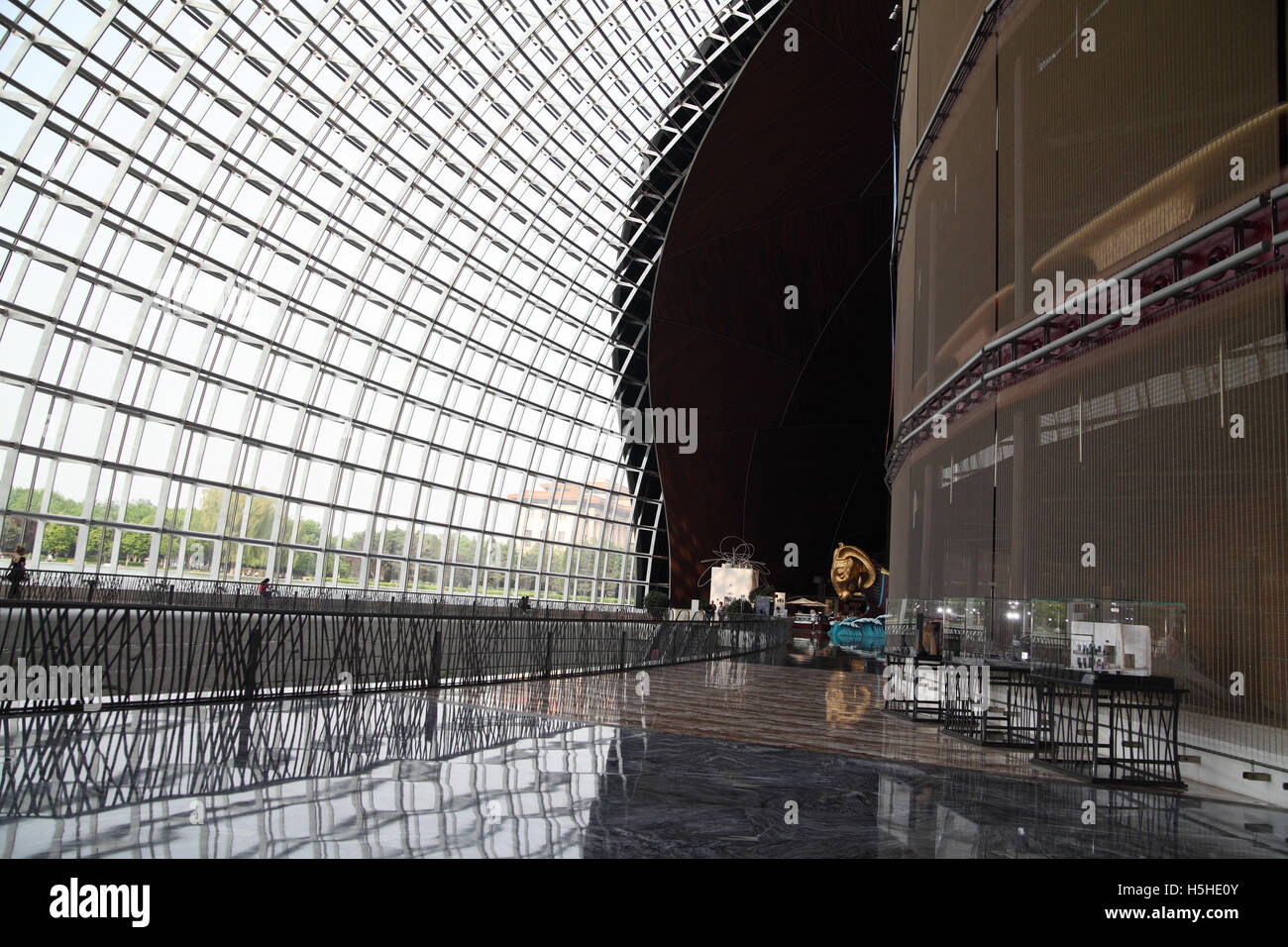 Interior of the spheric building of the National Centre for the Performing Arts building designed by architect Paul Andreu. Stock Photo