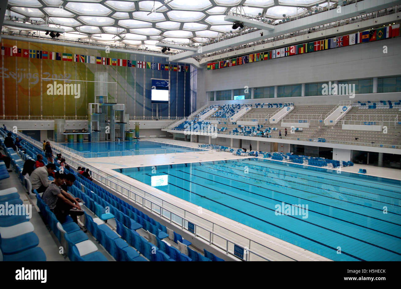 The pool in the Beijing National Aquatics Center, built and designed for the 2008 Beijing Olympics by a consortium. Stock Photo