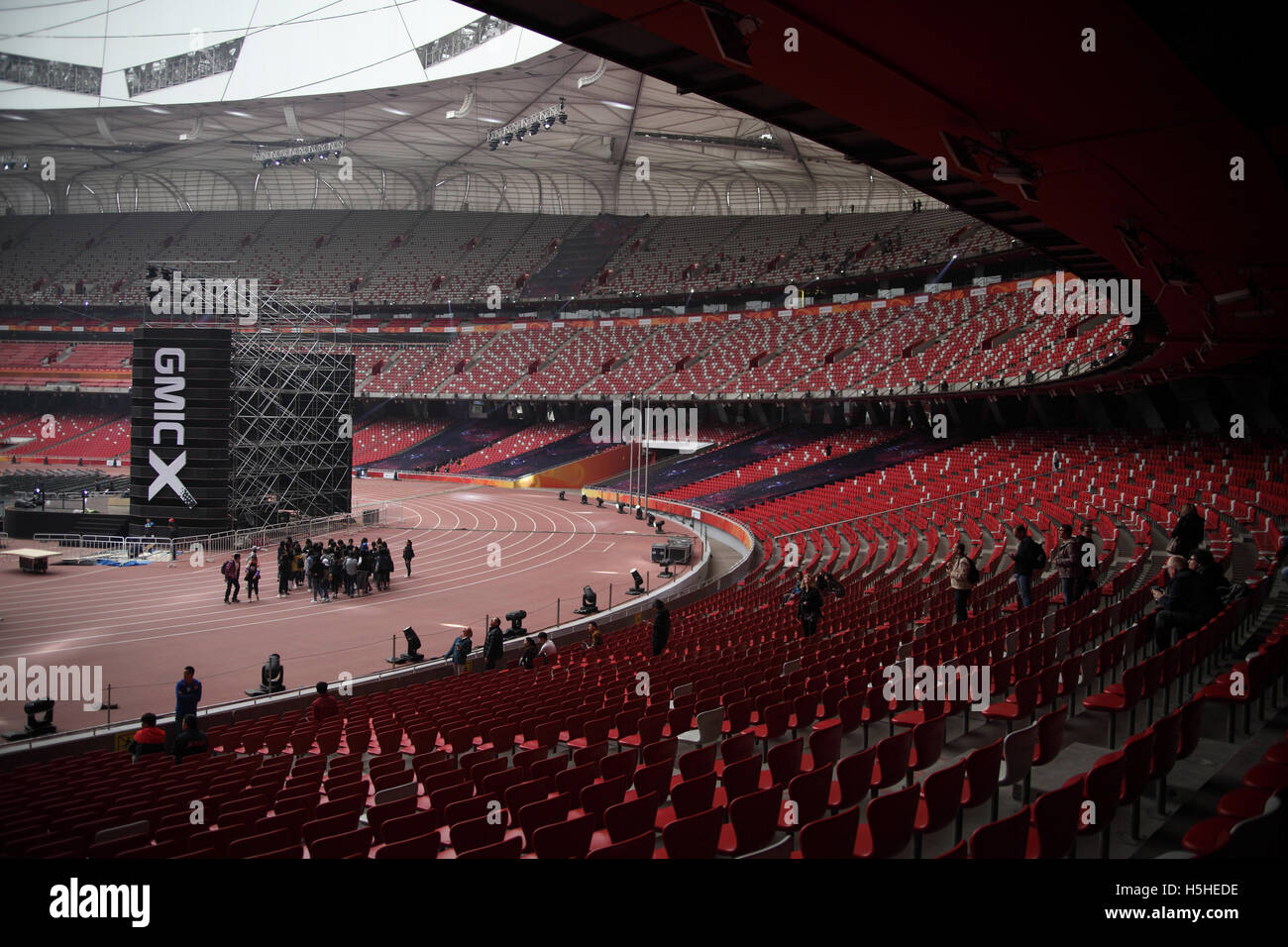 The National Stadium, seats and field for Bird's Nest designed by Jacques Herzog and Pierre de Meuron for the Beijing Olympics. Stock Photo