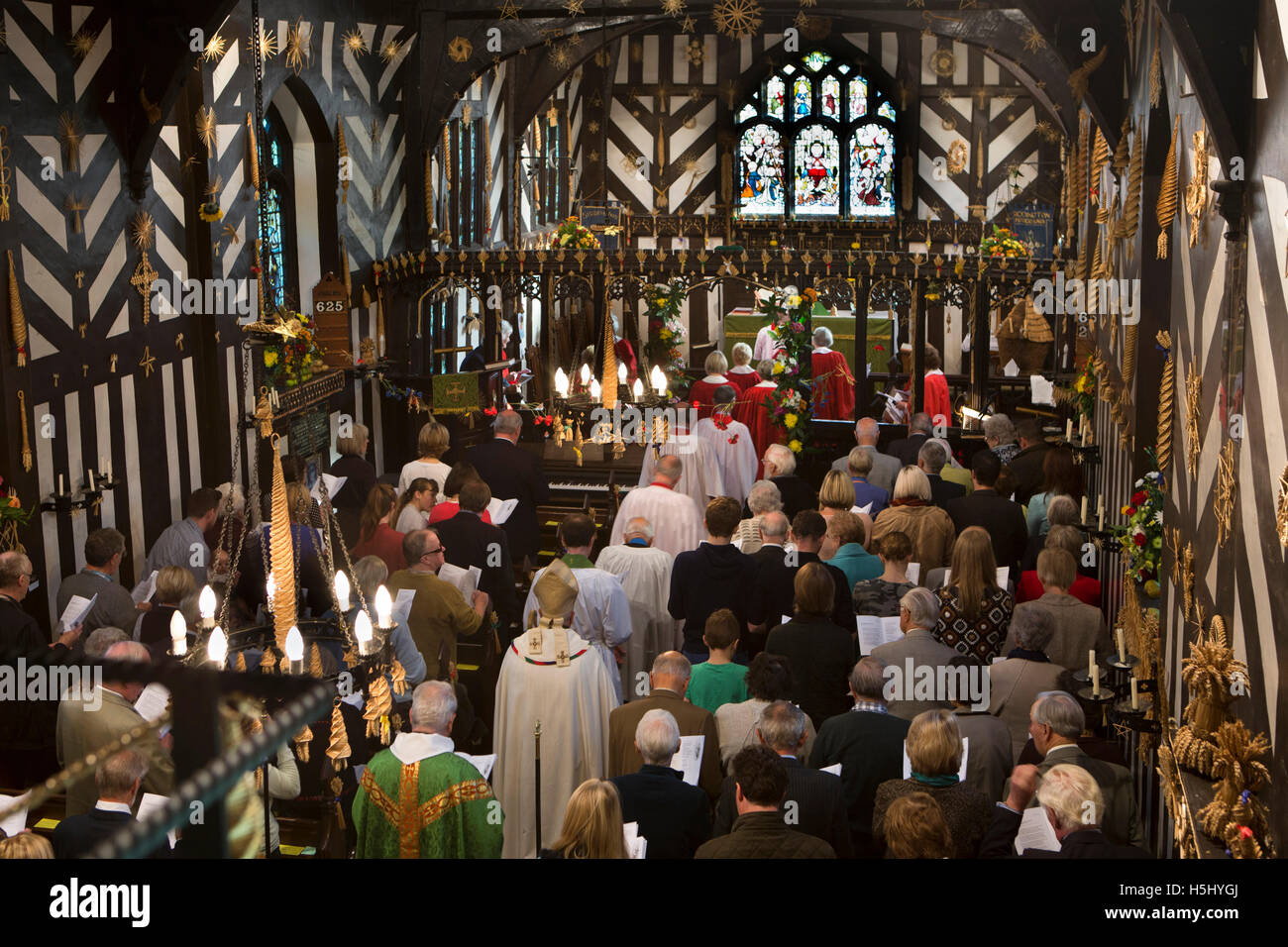 UK, England, Cheshire, Siddington, All Saints Church interior, Harvest Festival service Stock Photo
