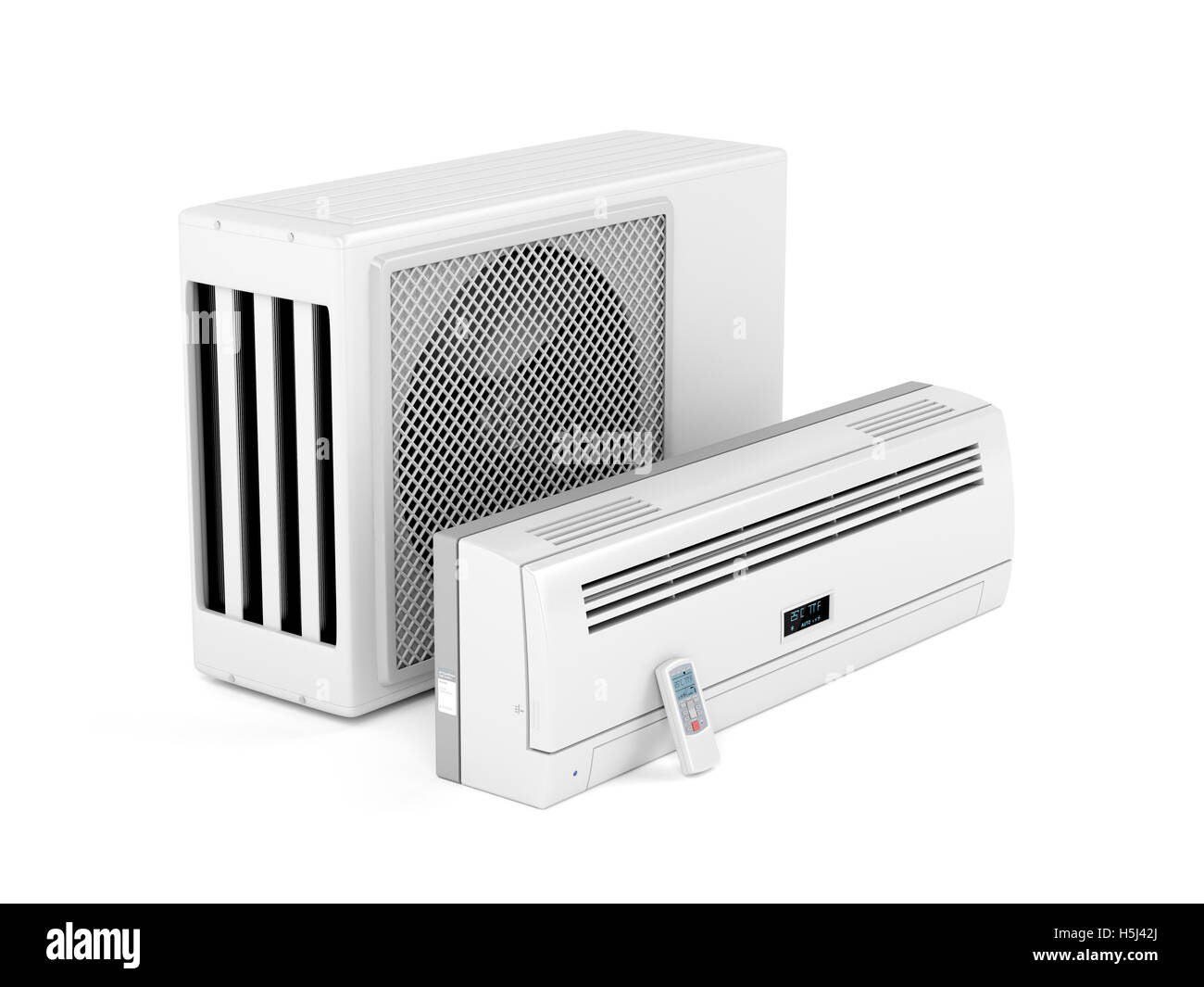 All parts of modern split system air conditioner on white background Stock Photo