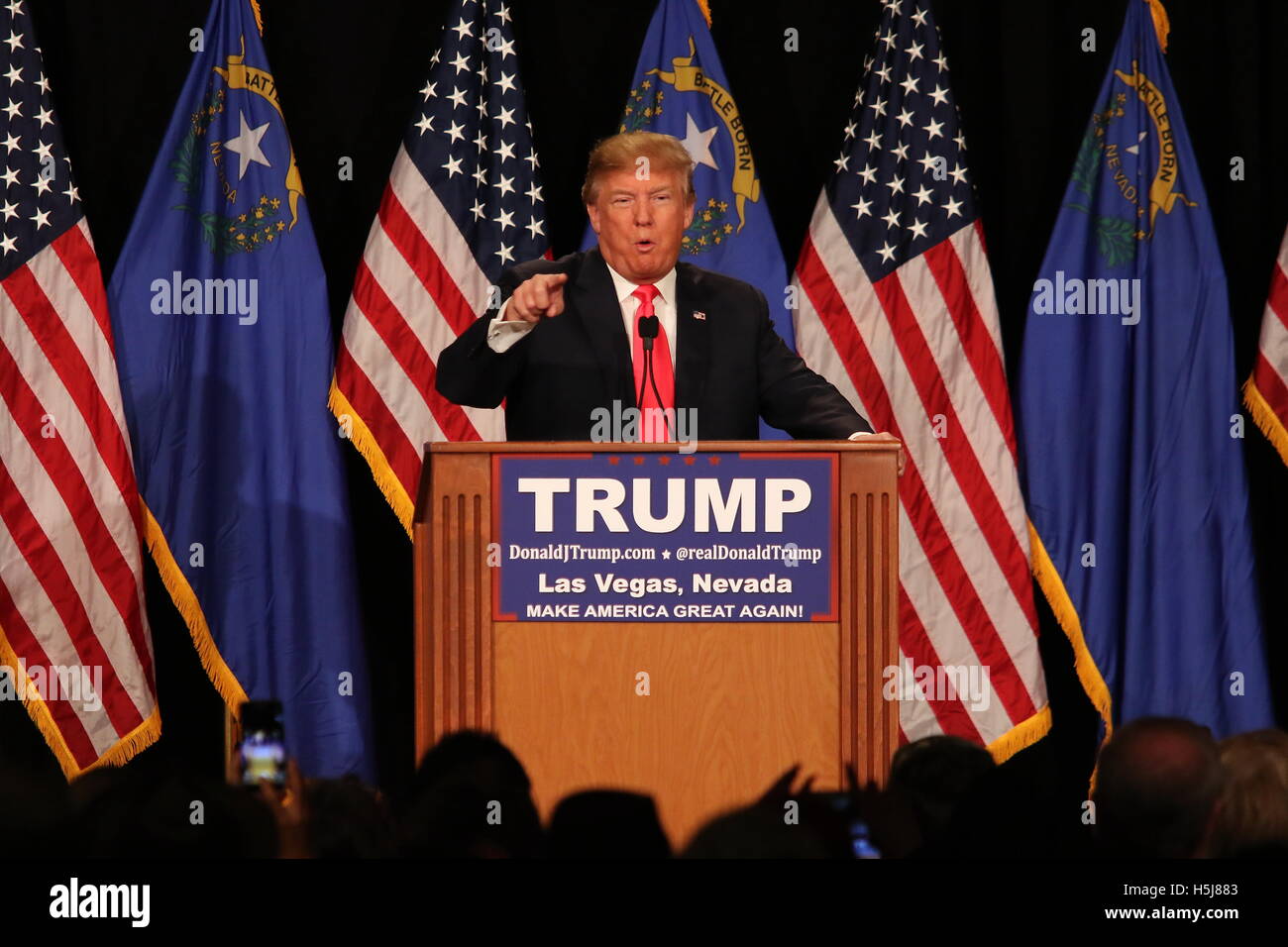 Donald J. Trump speaking at a rally at the South Point Resort and Casino on January 21st, 2016 in Las Vegas Nevada. Stock Photo