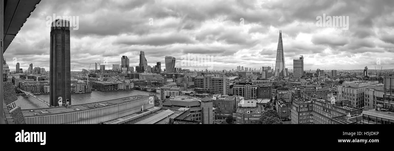 London, UK - July 2016: The view of London's skyline from the The Switch House at the Tate Modern. Black and White Photograph Stock Photo