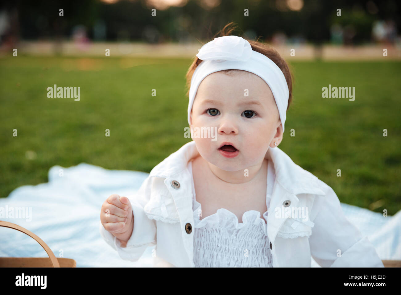 Portrait of little girl sitting in park on picnic Stock Photo - Alamy