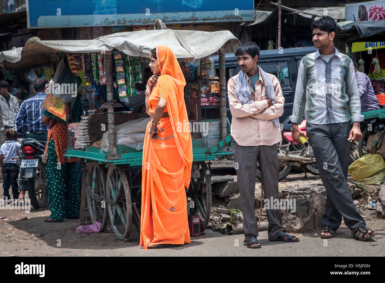 People standing at a roadside market in Rajasthan, India. Stock Photo