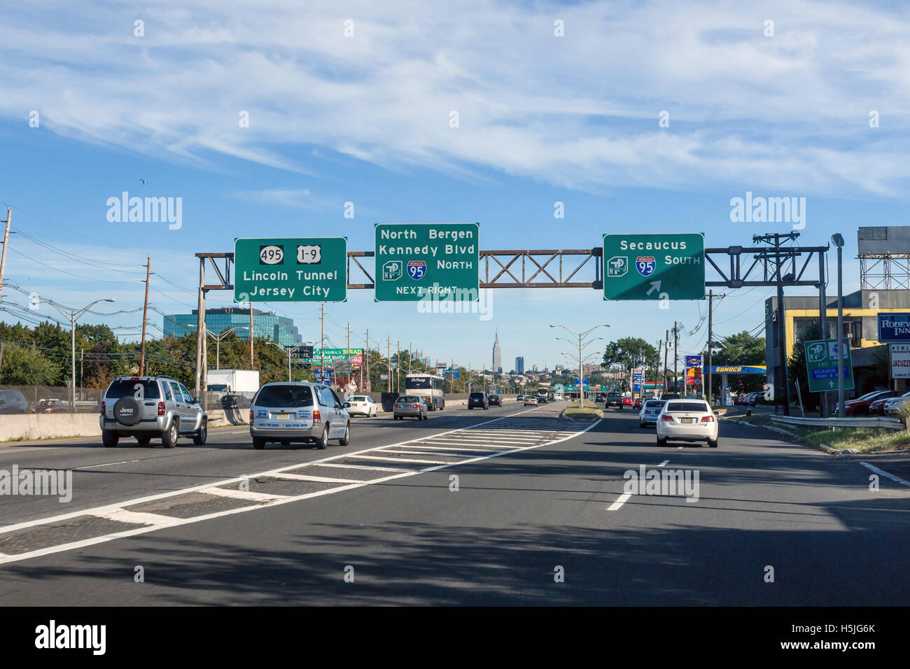 Driving along route 3 in Secaucus New Jersey toward North Bergen and the Lincoln Tunnel with the
