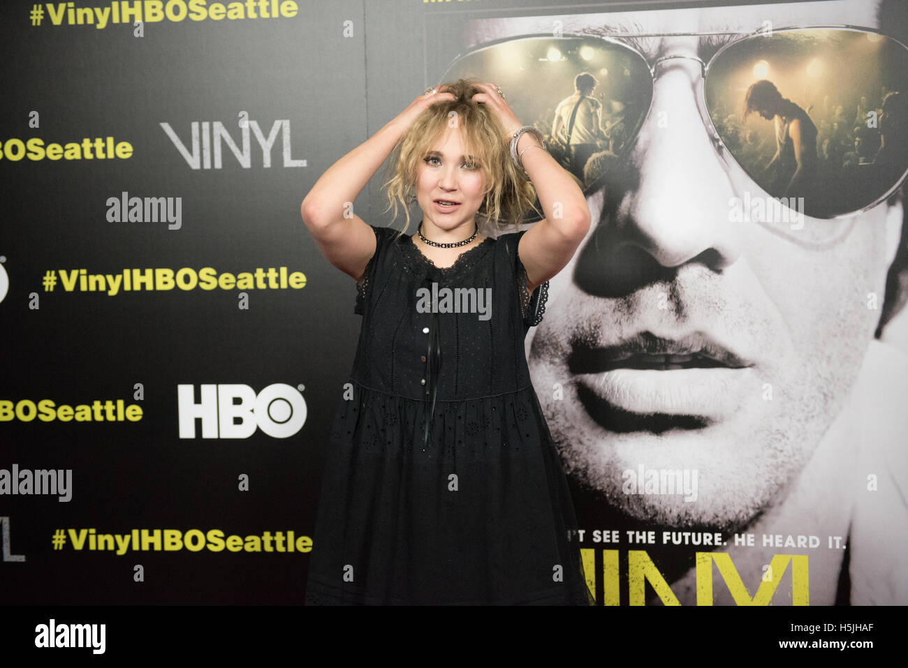 Juno Temple poses at the premiere for HBO's new series Vinyl at Cinerama Theater. Stock Photo