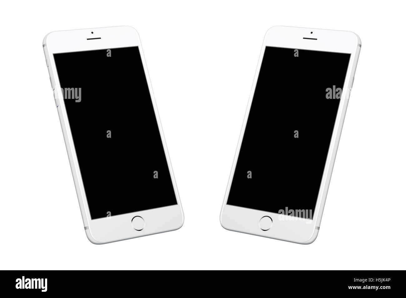 Silver white modern smart phone isolated. Two isometric positions. Blank screen for mockup. Stock Photo