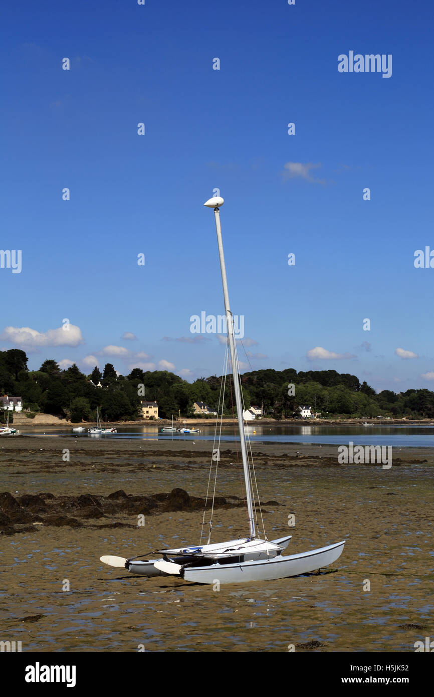 Catamaran on beach at low tide at Brouel, Ile Aux Moines, Morbihan, Brittany, France Stock Photo