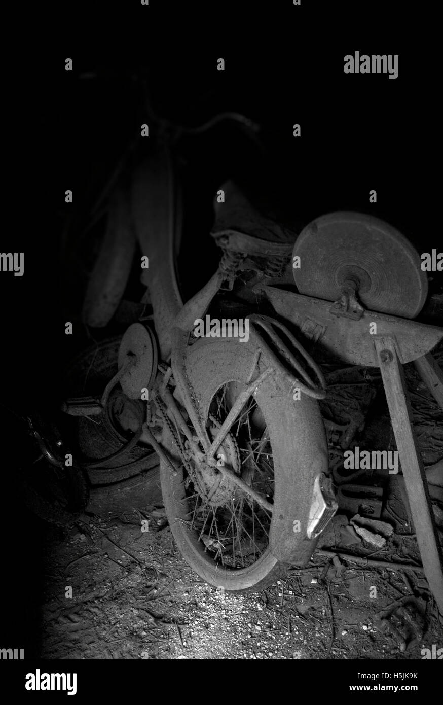 Old moped in shed, France Stock Photo