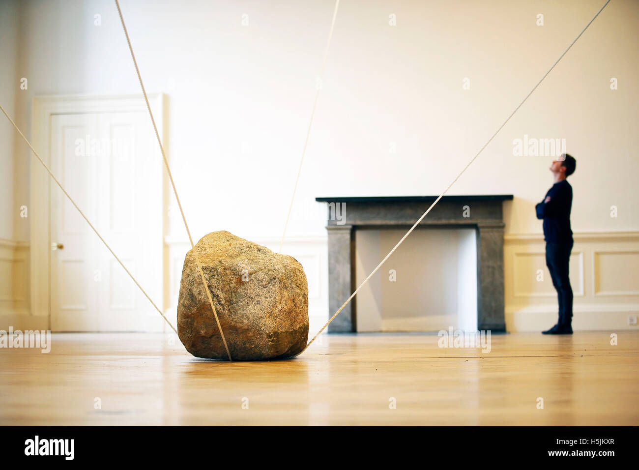 Harris Brine, from the National Galleries of Scotland, takes a closer look at an abstract sculpture called 'Interconnected Spaces' by contemporary artist Karla Black which features in a new exhibition 'A New Order' at the Scottish National Gallery of Modern Art in Edinburgh. Stock Photo