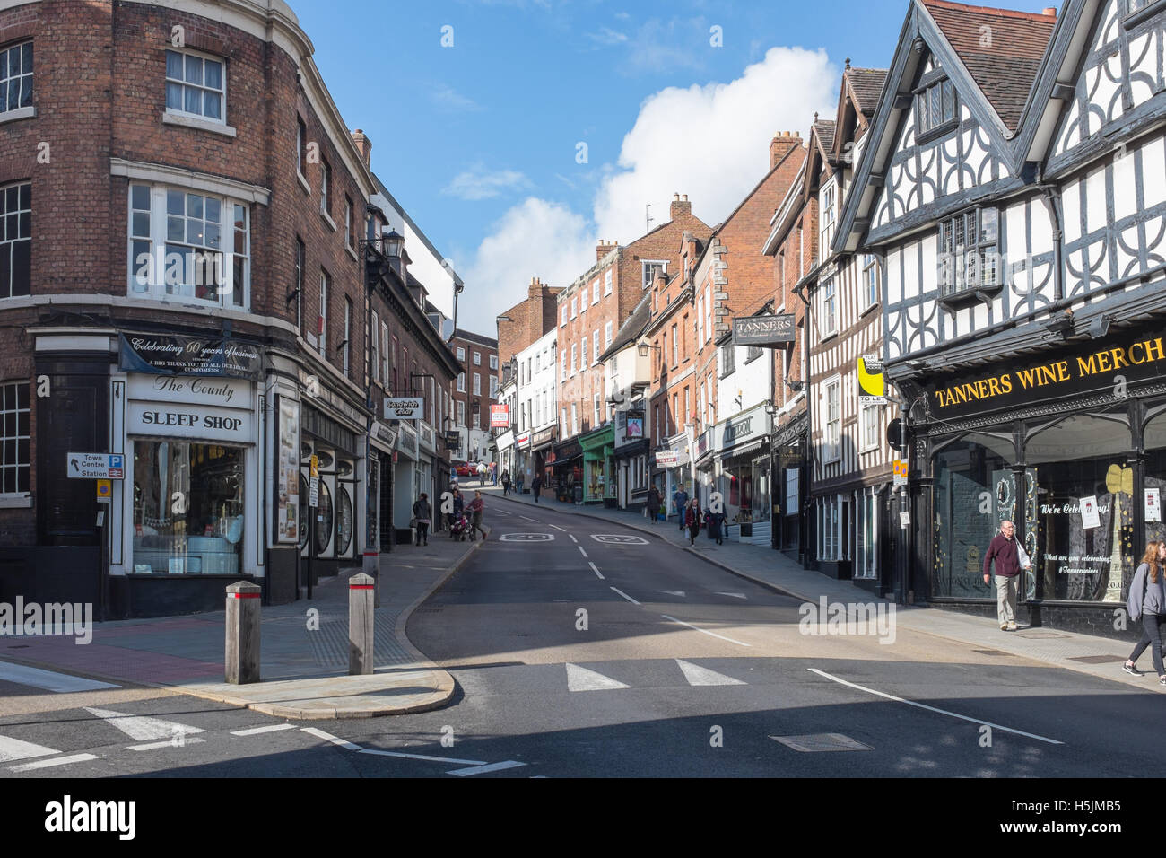 Looking up Wyle Cop in Shrewsbury Stock Photo