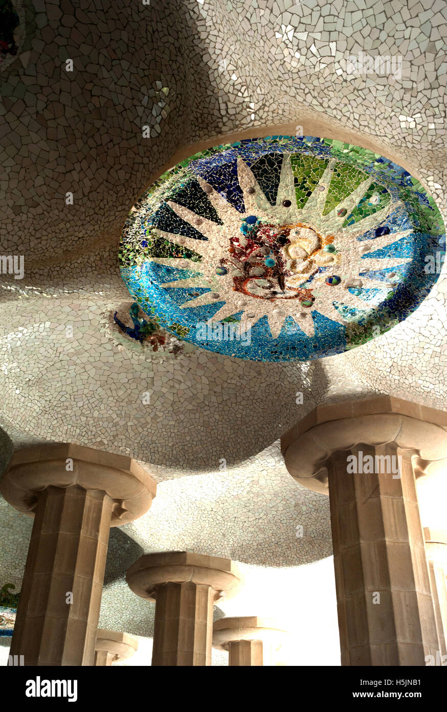 Mosaic ceiling rose, Park Guell, Barcelona Stock Photo