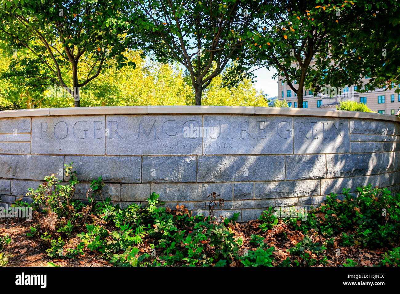 The Roger McGuire Green, part of the Pack Square Park in downtown