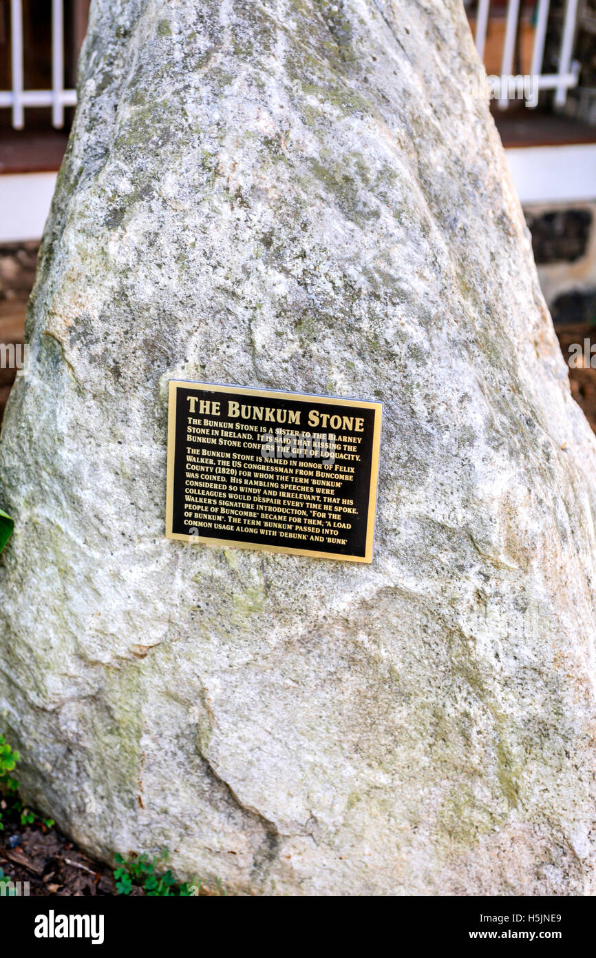 The Bunkum Stone outside the Gray Rock Inn, sister of the Blarney Stone in Ireland, in Asheville, NC Stock Photo