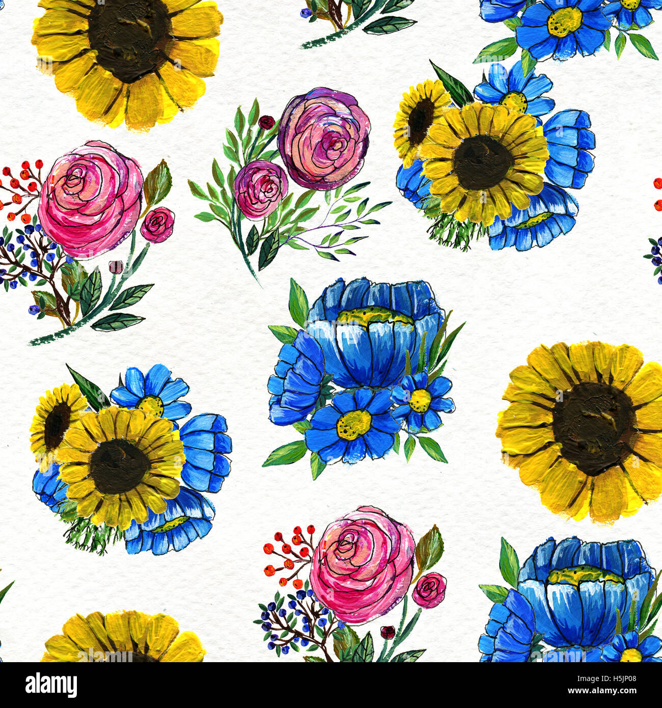 Seamless pattern with blue yellow and pink flowers Stock Photo - Alamy