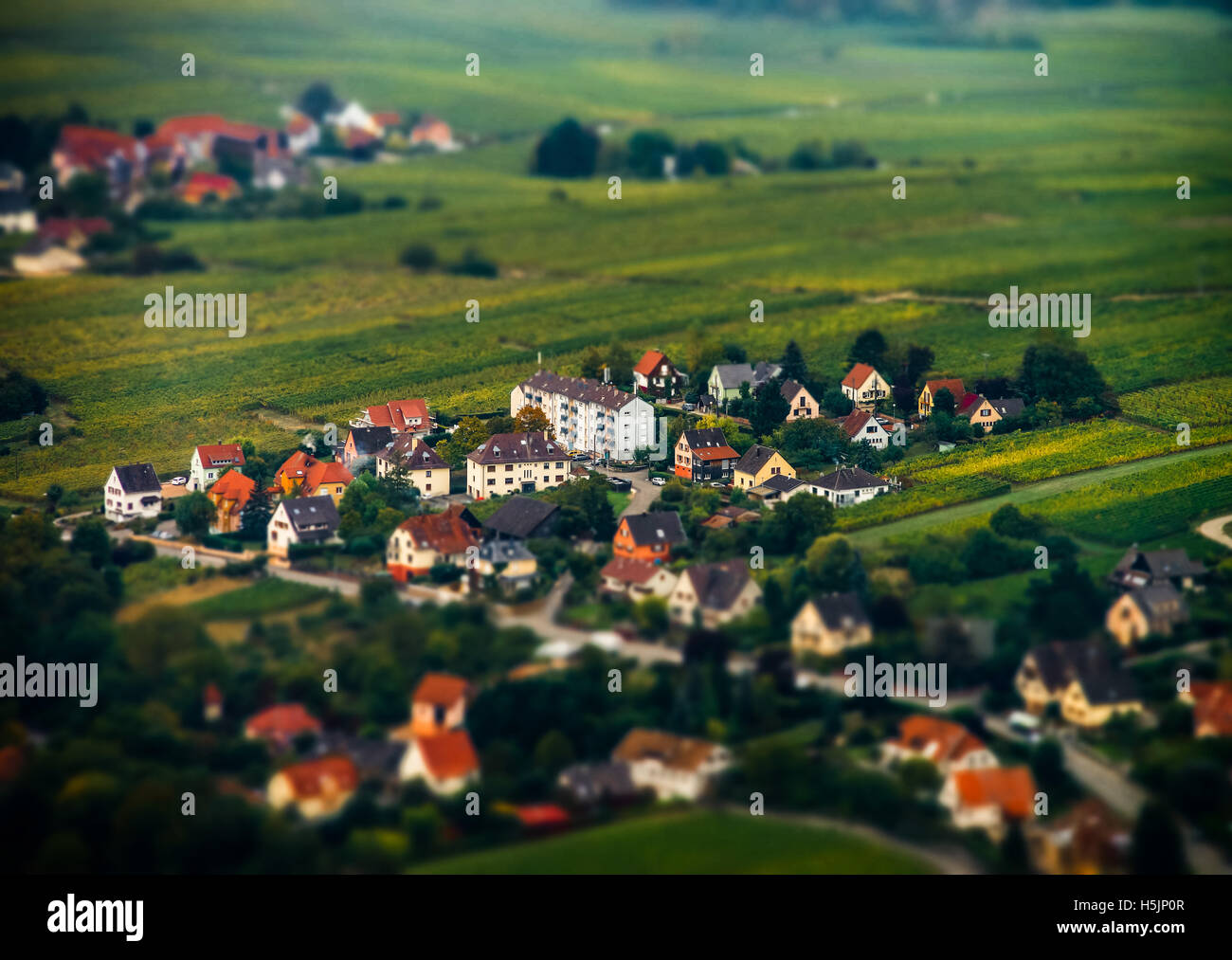 Aerial panoramic tiltshift view to village Ribeauville from drone