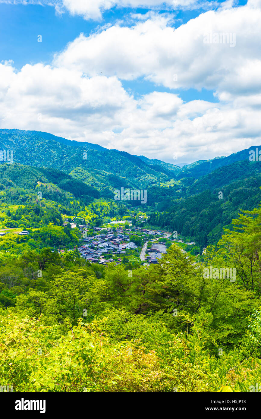 A view from high angle viewpoint and former grounds of Tsumago castle overlooking Tsumago village above the Magome-Tsumago porti Stock Photo