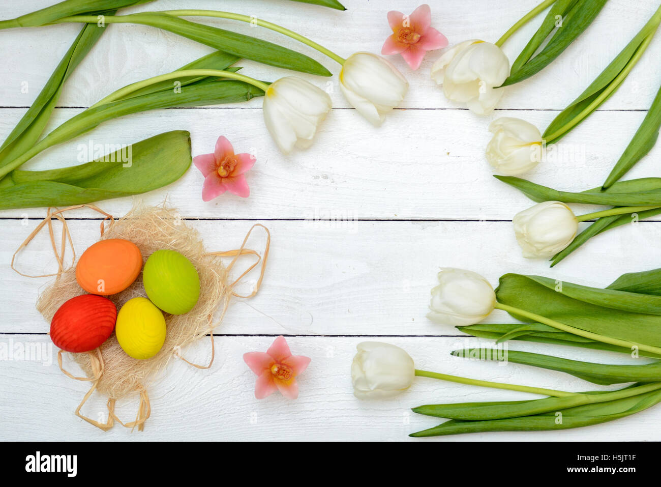Easter Eggs and tulips on old white wood - Season Background Frame ...
