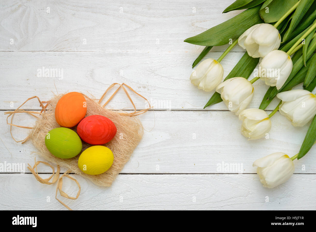 Easter Eggs and tulips on old white wood - Season Background Frame ...