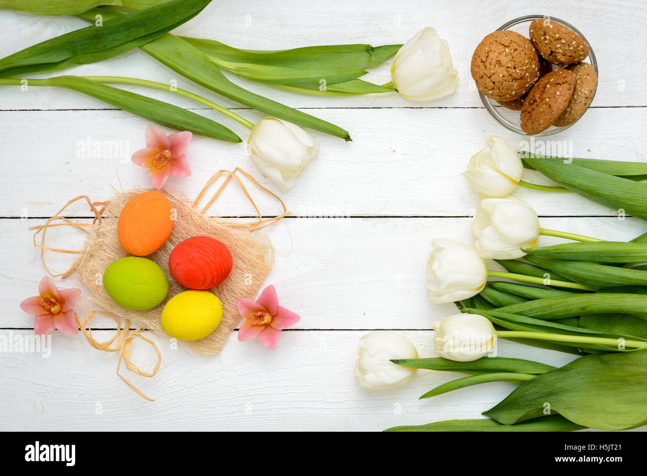 Easter Eggs and tulips on old white wood - Season Background Frame ...