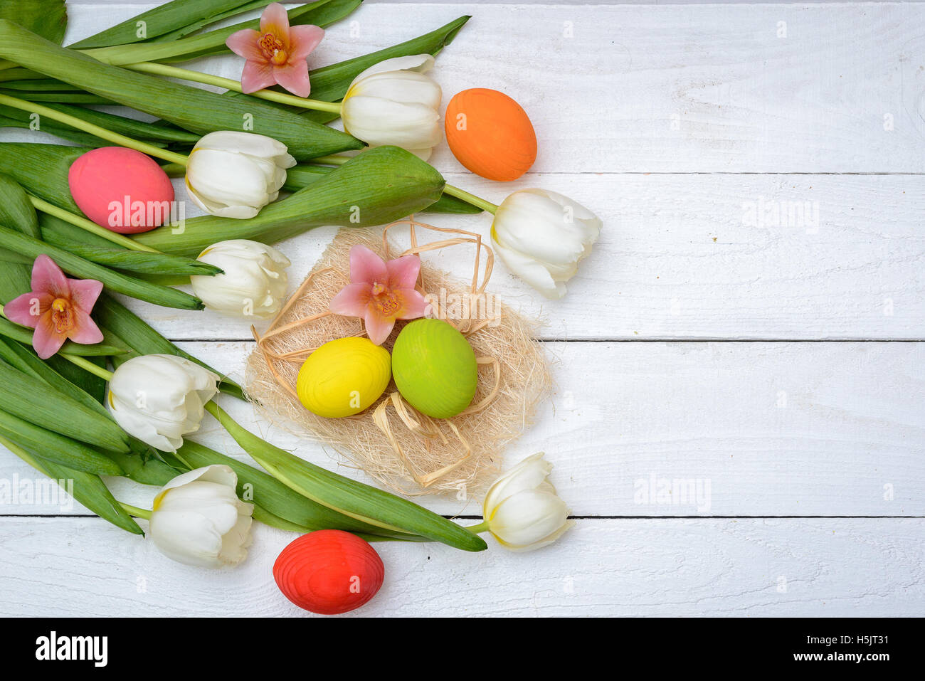 Easter Eggs and tulips on old white wood - Season Background Frame ...
