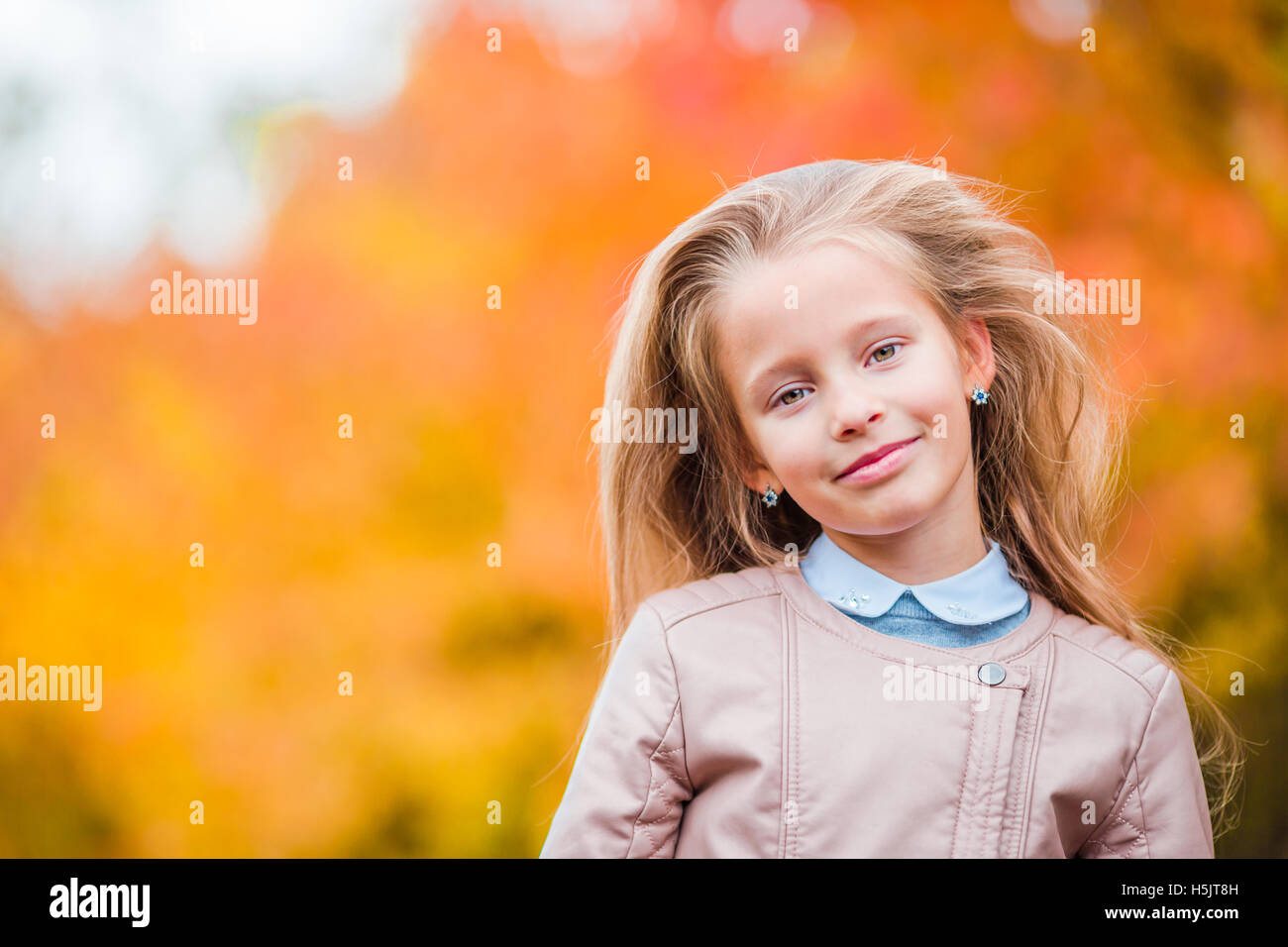 Portrait of beautiful girl background yellow leaf in fall Stock Photo ...