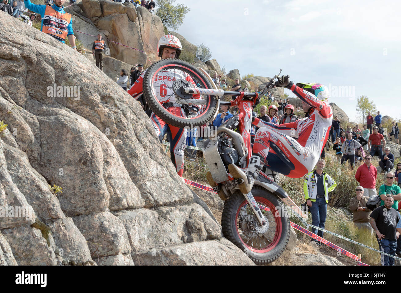 Motorcycling. Trial race. Spain championship. Jorge Casales overtaking an obstacle, in Valdemanco (Madrid - Spain) Stock Photo