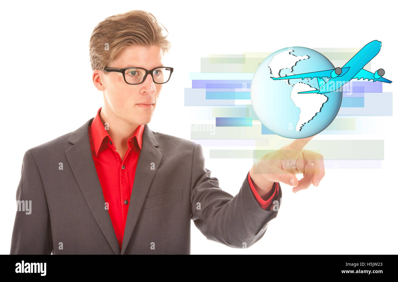 Young businessman with airplane and globe on white background Stock ...