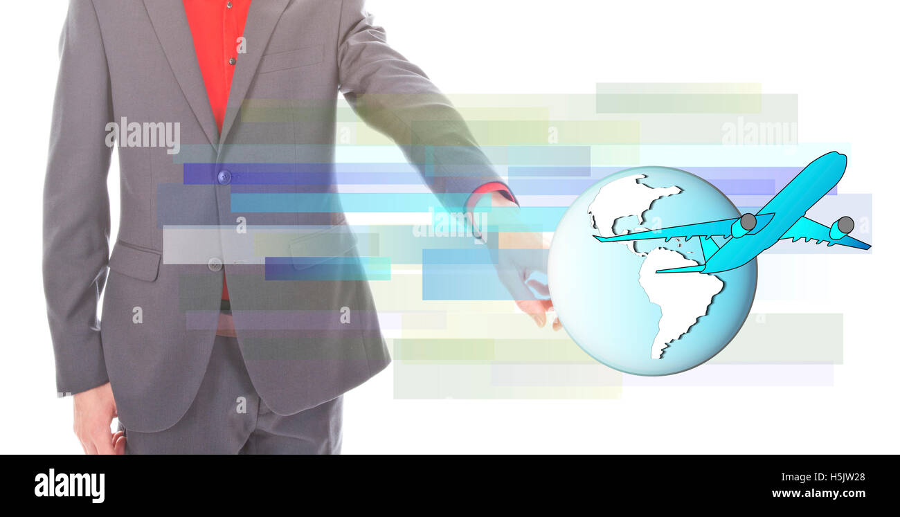 Young businessman with airplane and globe on white background Stock ...