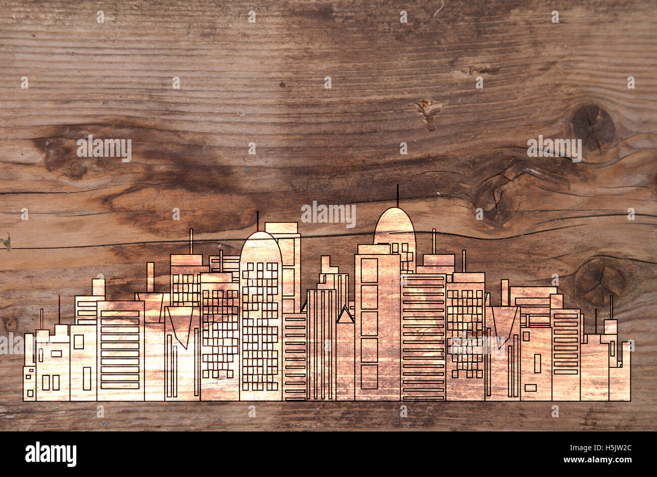 Office skyline on brown wooden background Stock Photo