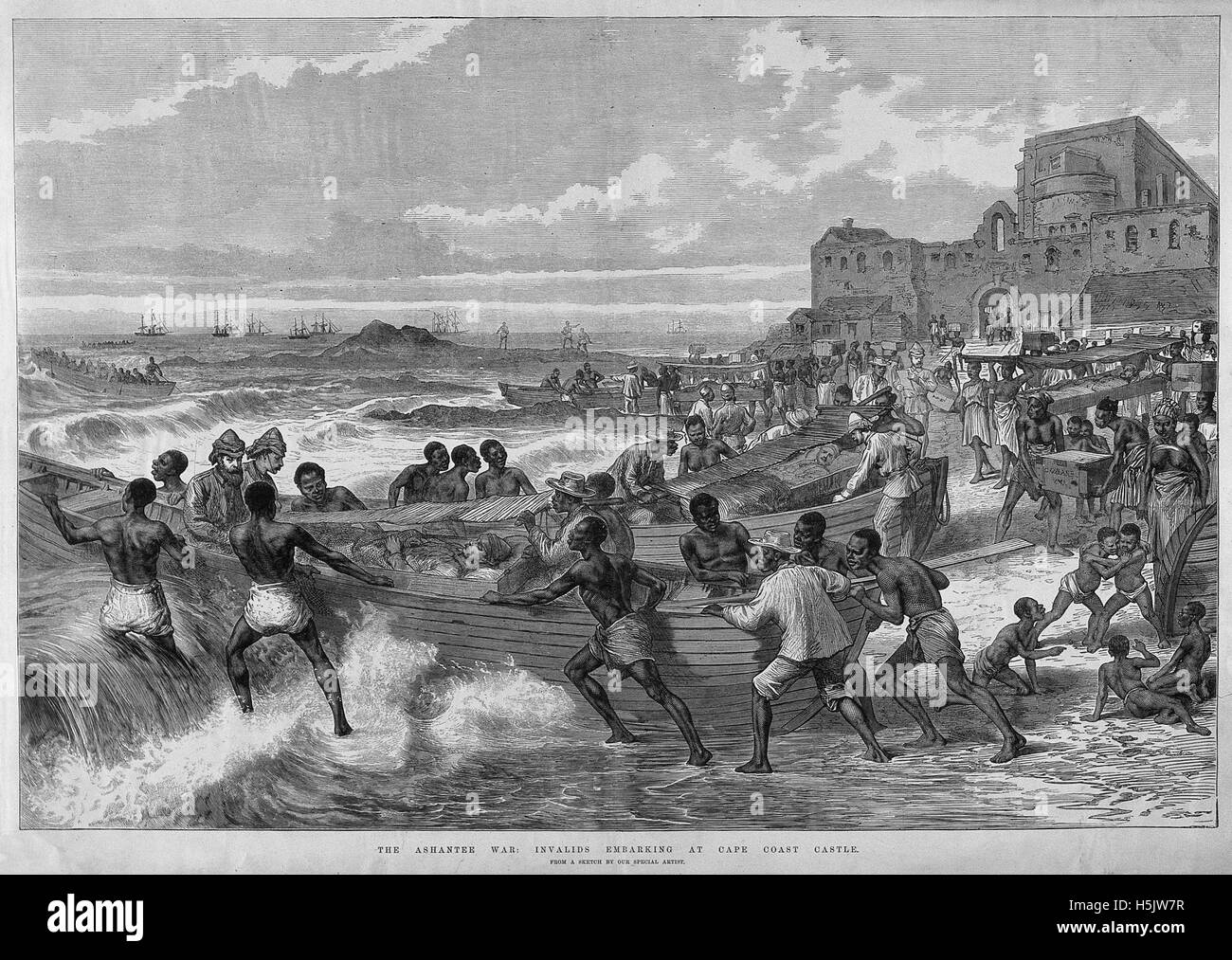 THIRD ASHANTI WAR  1873-1874. Wounded British soldiers being sent to hospital ships off the Cape Coast of Ghana. Engraving:  London Illustrated News. Stock Photo